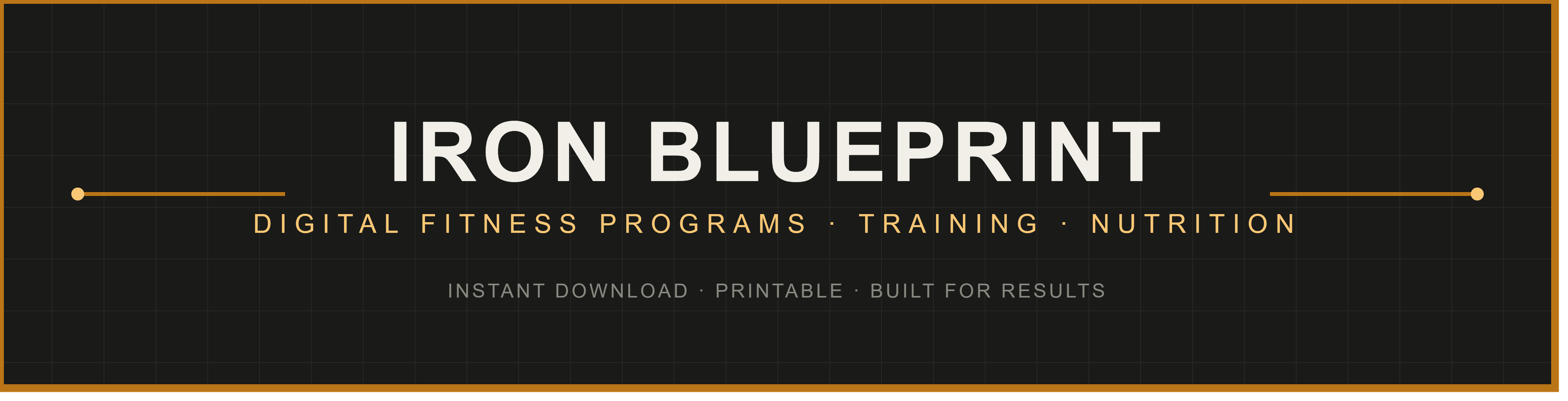 Iron Blueprint Fitness banner — dark background with orange border, IRON BLUEPRINT wordmark, 'Digital Fitness Programs · Training · Nutrition' tagline and 'Instant Download · Printable · Built for Results' sub-line.